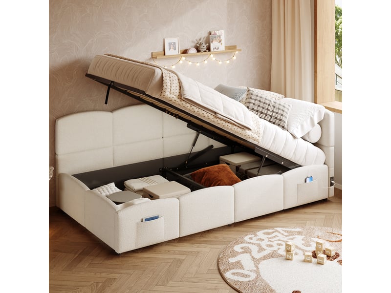  Lit coffre rembourré 90x200cm coloris beige tissu lit enfant beige - Conforama E