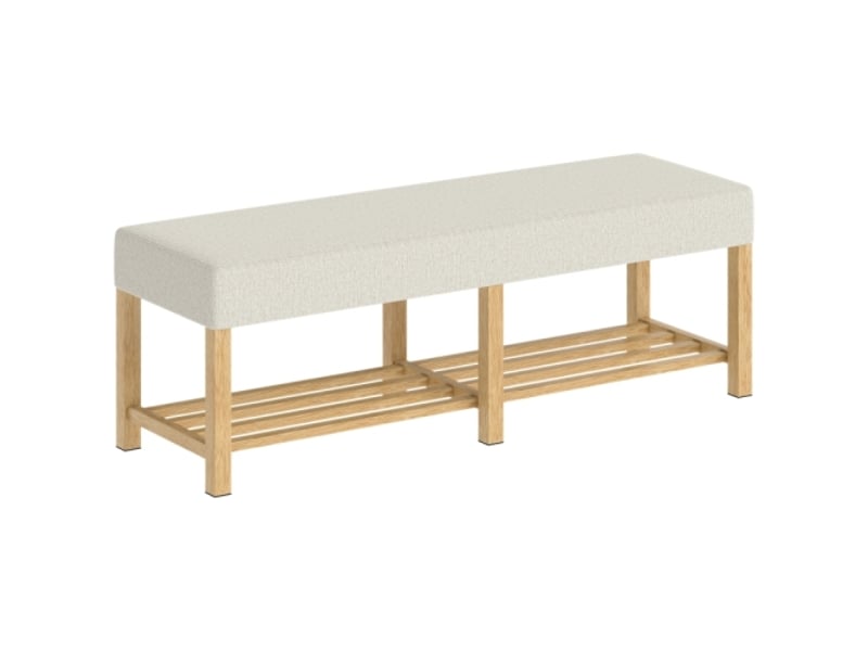  Banc à chaussures 140 cm en bois massif, assise rembourrée 2 places, bois naturel et crème  - Conforama A