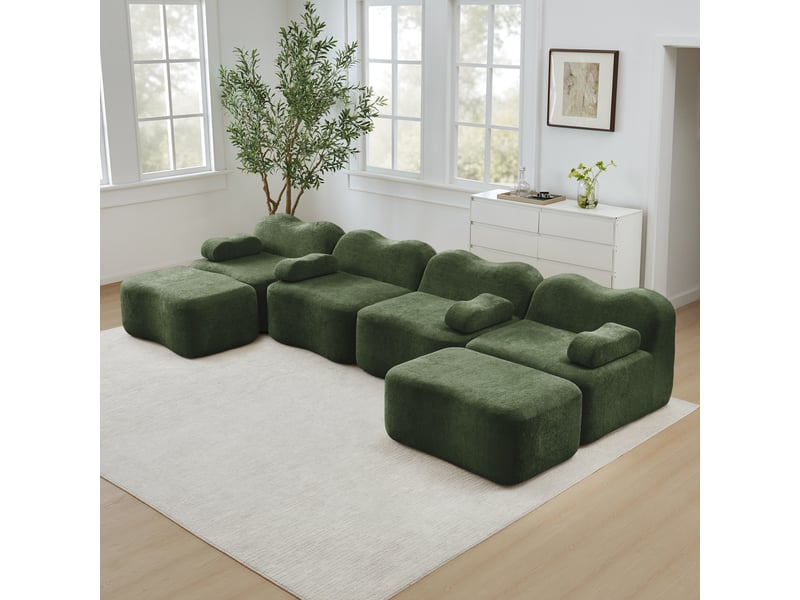 Canapé panoramique en u 4 places modulaire avec ottomans et assise profonde, en velours vert - Conforama C