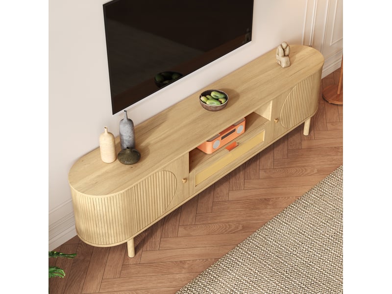  Meuble tv 175x36x51 cm avec passe-câbles, mdf et pieds en métal coloris naturel  - Conforama C