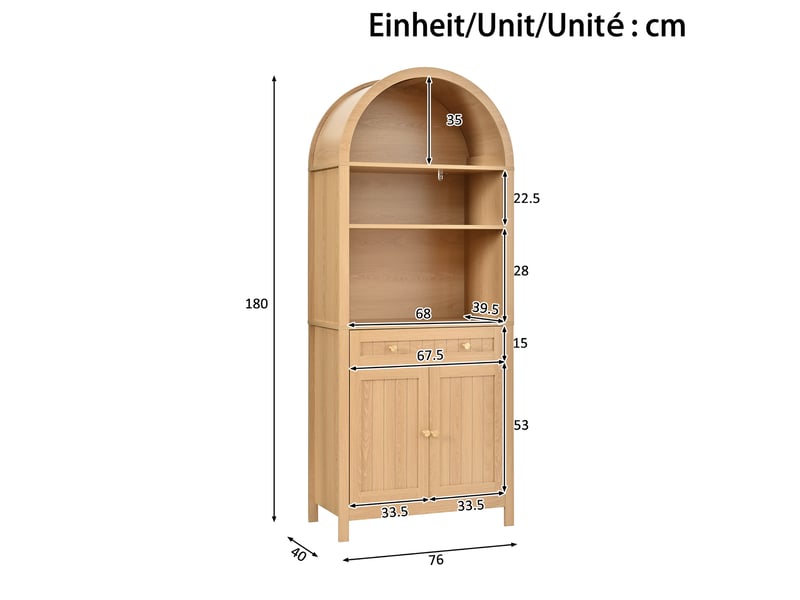  Armoire haute buffet 76x40x180 cm, meuble rangement cuisine avec 2 portes, 1 tiroir et étagères ouvertes couleur nature  - Conforama C