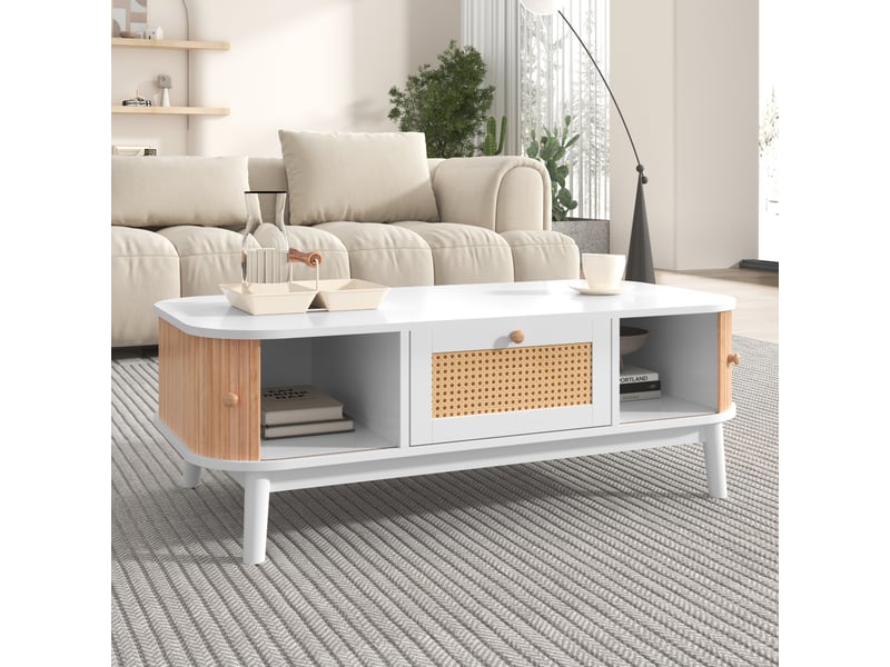 Table basse, 110x55x38.5 cm, bois massif, rotin, 2 tiroirs, portes coulissantes, style champêtre, design moderne et fonctionnel pour salon - Conforama B