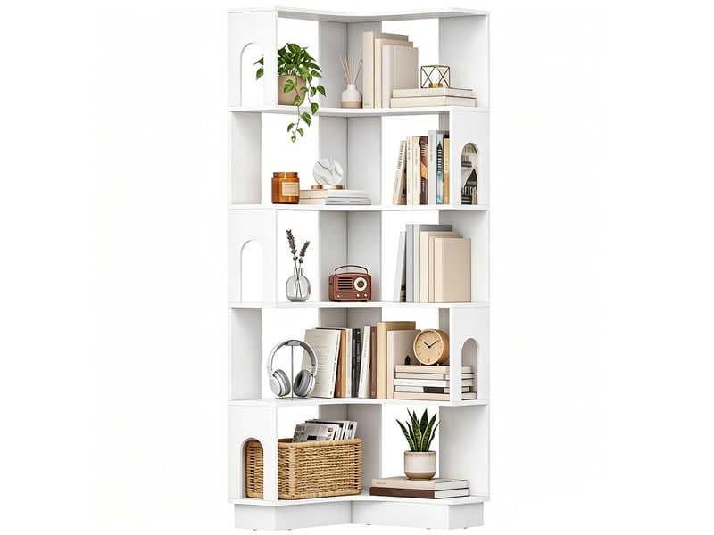 Bibliothèque d'angle, étagère de rangement à 6 niveaux avec panneaux latéraux arqués, 60 x 60 x 165,5 cm, blanc - Conforama A