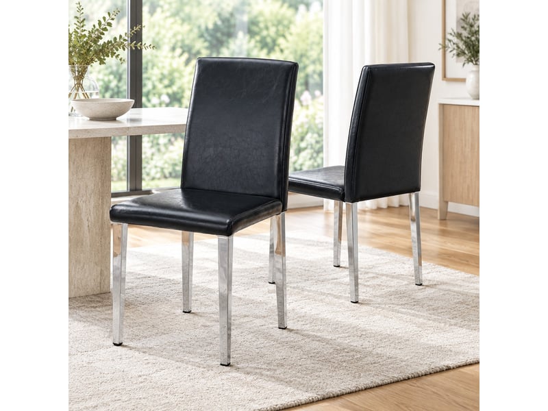  Chaises de salle à manger lot de 2 avec dossier ergonomique  - pieds métal antidérapants, similicuir noir argenté  - Conforama B