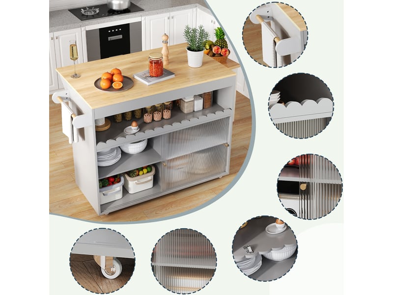  Îlot de cuisine mobile 122 × 46(69) × 91 cm gris, mdf, plateau rabattable chêne, portes coulissantes en verre trempé  - Conforama E