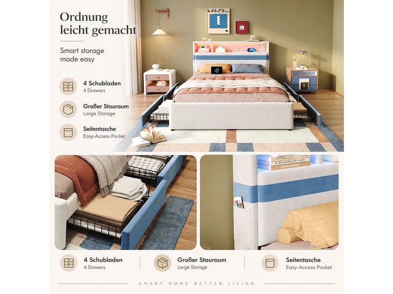 Lit coffre 140x200 cm avec 4 tiroirs, velours blanc, led, prise usb, poches latérales et tête de lit fonctionnelle - bleu - Conforama D