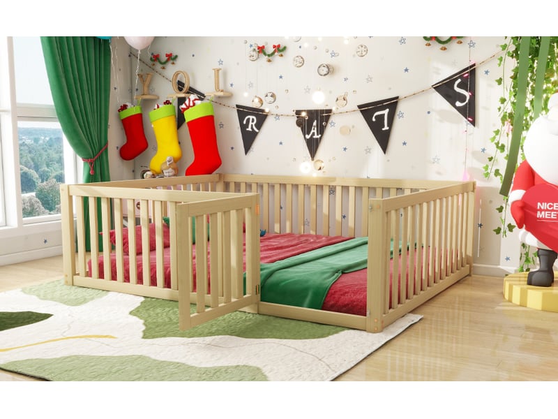  Lit enfant 140x200 cm en bois massif naturel avec barrière et porte cadre de lit au sol Sol Morn - Conforama D