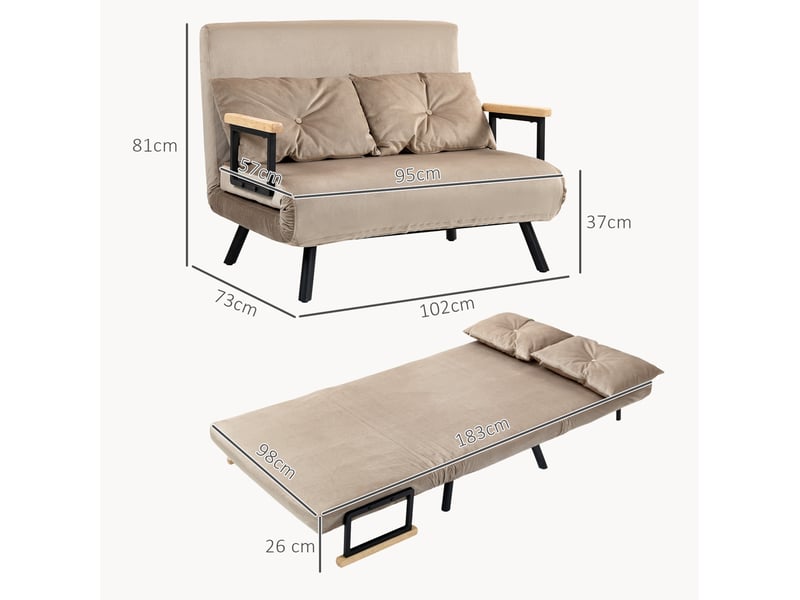 Canapé convertible 2 places marron clair, aspect velours, dossier réglable, 102 x 73 x 81 cm - Conforama E