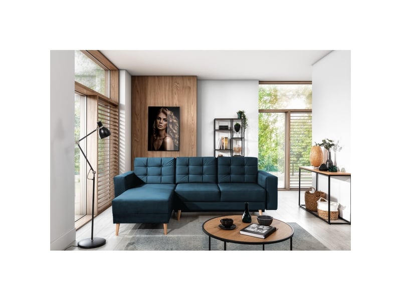  Canapé d'angle convertible hasgard 3 places bleu foncé 248x162 cm – coffre et pieds bois  - Conforama D