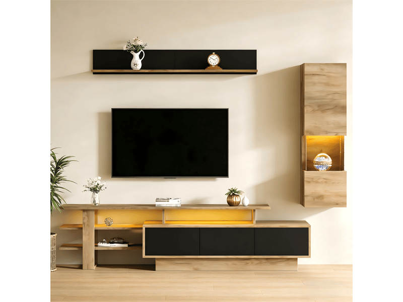  Ensemble meuble tv mural 3 pièces bois et noir avec led pour tv 80 pouces  - Conforama E
