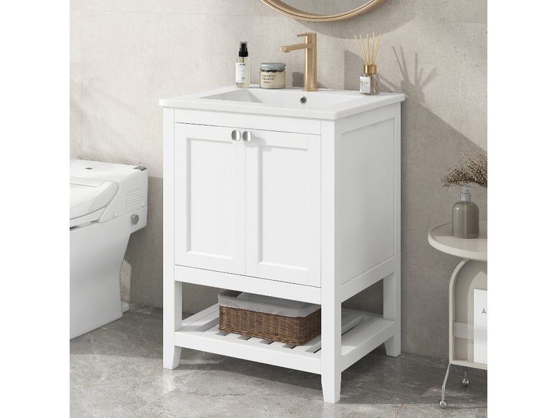  Meuble salle de bain 60cm blanc avec vasque en céramique, meuble sous vasque sur pied en bois massif et mdf, 61x46x90cm  - Conforama C
