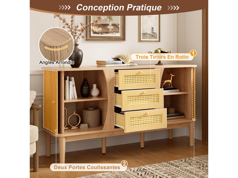 Buffet 141 x 40 x 77 cm, commode avec portes coulissantes, étagères réglables et plateau aux angles arrondis, décor rotin naturel ABC - Conforama D