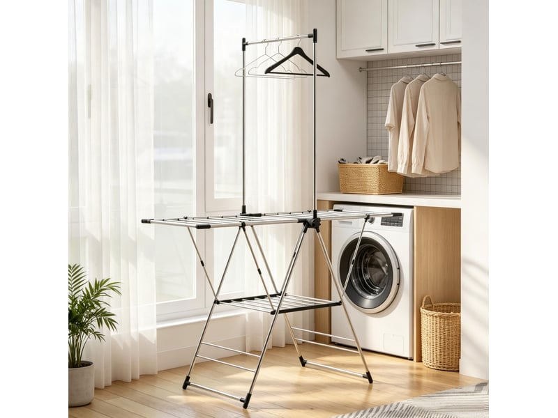  Étendoir à linge pliable en acier inoxydable, ailes réglables sur 5 niveaux, argenté  - Conforama B