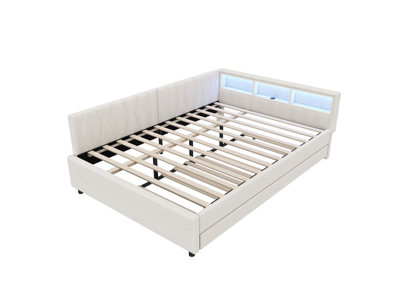 Lit de jour extensible 140x200 cm en tissu beige avec led, ports usb-c, rangement intégré et sommier à lattes - Conforama D