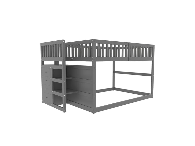  Lit superposé bas 140x200 cm gris bois avec rangements intégrés et barrière de sécurité  - Conforama A