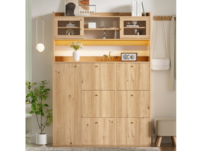  Meuble à chaussures avec led et verre – 6 compartiments abattants, naturel, 130 x 25 x 180 cm  - Conforama B