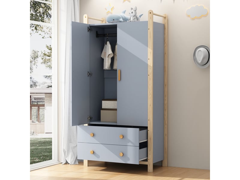  Armoire 2 portes avec tringle et 2 tiroirs, 90 x 45 x 180 cm, meuble de rangement, bleu  - Conforama R