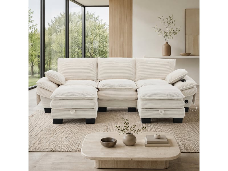  Canapé 3 places modulable en velours côtelé beige avec 2 poufs, port usb-c et poches latérales  - Conforama B