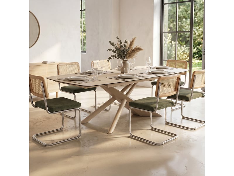Table à manger rectangulaire extensible 8-10 pers. En céramique effet travertin et piètement beige 180-260x98 cm - tundra Tundra - Conforama B