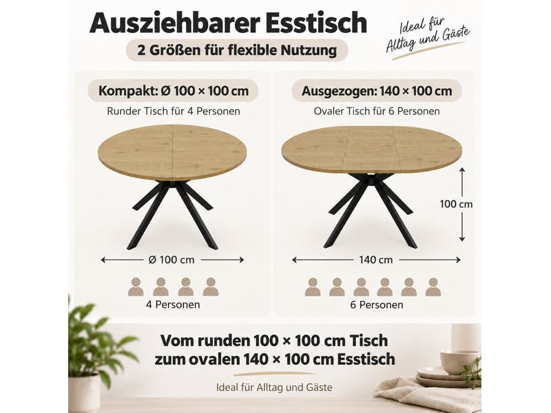  Table de salle à manger extensible pour 4 à 6 personnes avec rallonge, plateau rond ou ovale en mdf, bois clair  - Conforama E