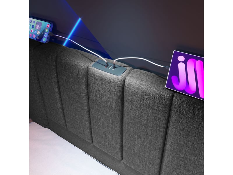  Lit coffre 180x200, rangement intégré lit double, ouverture hydraulique assistée, led 360° app, ports usb usb-c, matelas 7 zones h3 inclus, revêtement lin gris  - Conforama C