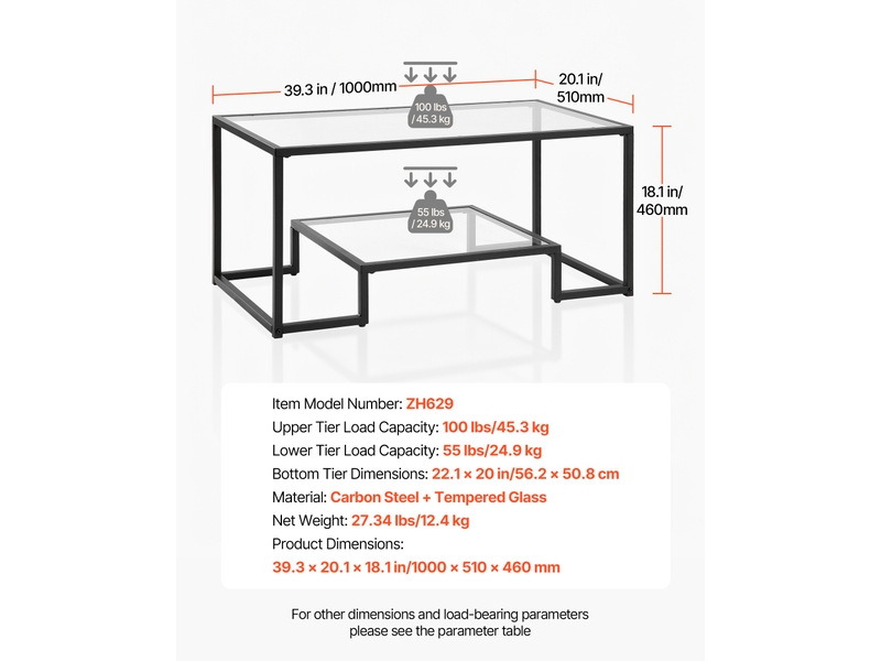  Vevor table basse rectangulaire en verre trempé 2 niveaux 100x51 cm, structure en acier au carbone noir, étagère ouverte, pieds réglables ZH629 - Conforama C