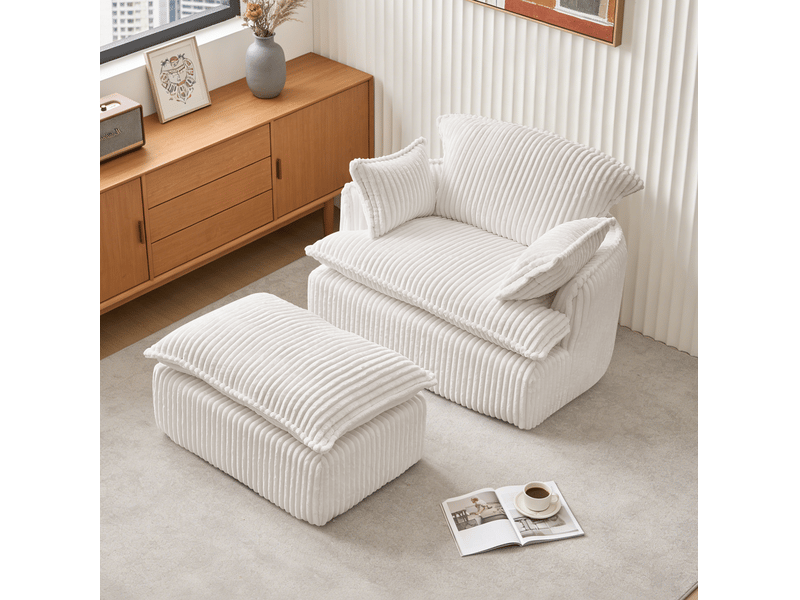  Fauteuil cloud compressé en velours côtelé beige avec pouf, confort modulable pour petits espaces et salon  - Conforama B