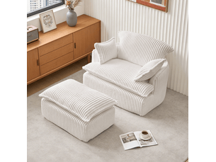 Fauteuil cloud compressé en velours côtelé beige avec pouf, confort modulable pour petits espaces et salon
