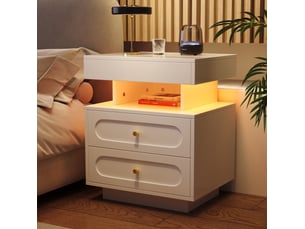 Table de chevet led 2 tiroirs avec rangement ouvert blanc 50 x 40 x 60 cm homvra