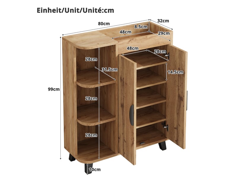  Meuble à chaussures 80x32x99 cm, 2 portes et niches ouvertes, format étroit, rangement pratique pour entrée et couloir - naturel  - Conforama C