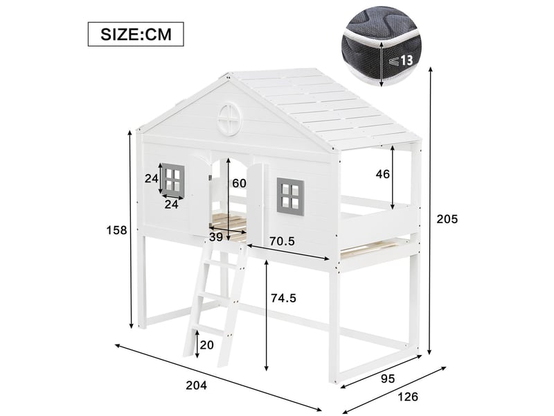  Lit mezzanine enfant 90x200, design cabane sécurisé lit mezzanine escalier, structure bois, garde-corps  - Conforama C