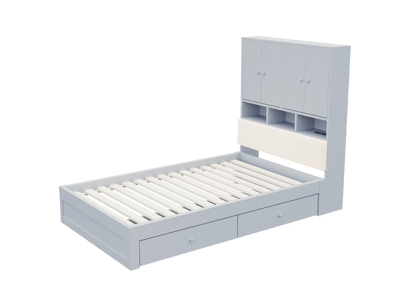  Lit multifonctionnel en bois 90 × 200 cm avec tête de lit rembourrée, rangements intégrés, étagères, éclairage led, prise électrique, tiroirs et sommier à lattes, gris  - Conforama W