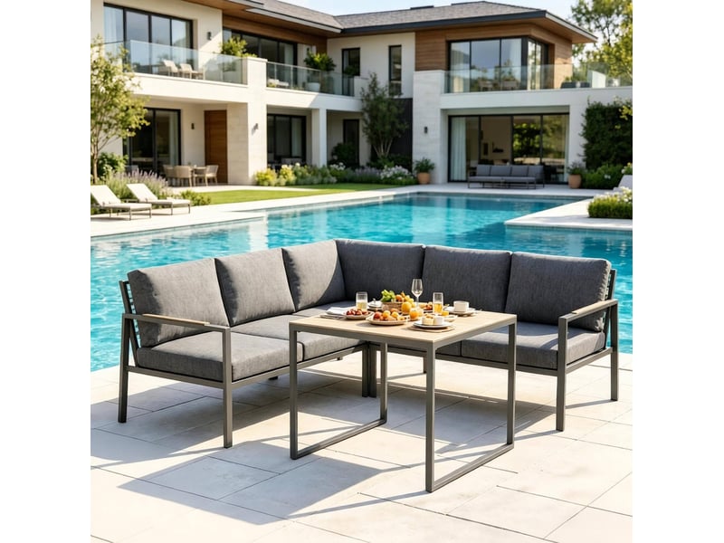  Salon de jardin d'angle 5 places avec table basse, gris foncé  - Conforama B