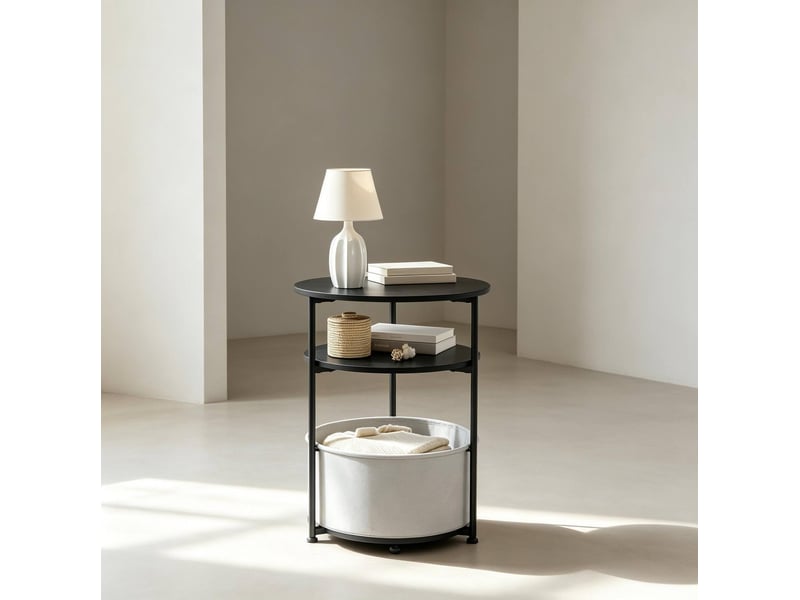  Table d'appoint ronde 43 x 43 x 56 cm en tissu et métal avec panier de rangement noire chicfurn  - Conforama C