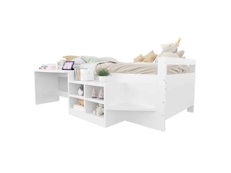 Lit enfant 90x200 cm blanc avec bureau et rangements - lit simple en bois - Conforama W
