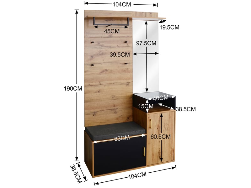  Armoire pour entrée avec miroir - banc et patère - armoire à chaussures - mdf et panneaux de particules - 105 x 38,5 x 190,5 cm - naturel  - Conforama C