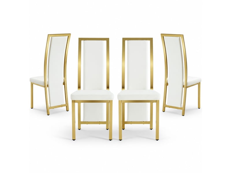  Lot de 4 chaises de salle à manger 109 cm, métal doré, chaise cuisine, dossier incurvé, assise confort, moderne, pu blanc  - Conforama A