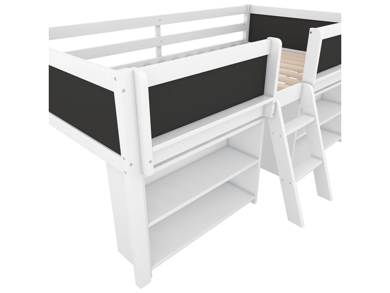 Lit surélevé 90x200 cm pin blanc – étagères de rangement, barrière et échelle – style minimaliste – sans matelas - Conforama E