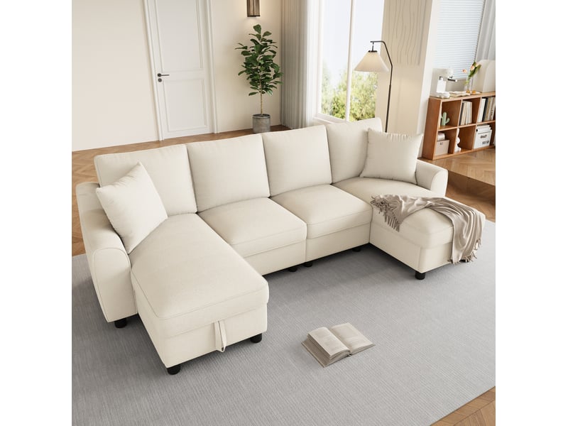 Canapé d'angle en u modenvie 4 places en chenille beige avec rangements 280 x 137 x 84 cm - Conforama B