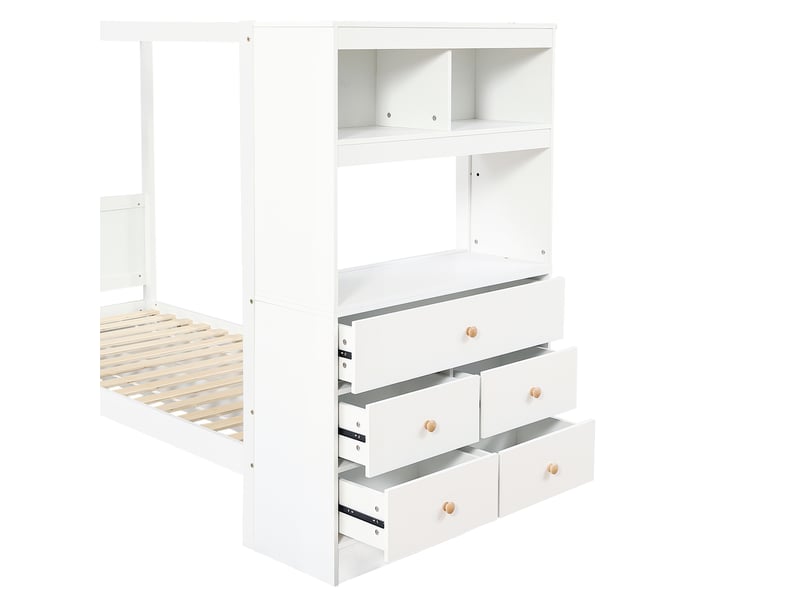  Lit enfant à baldaquin avec meuble de rangement - 90x200cm - 5 tiroirs latéraux, niche bureau et tiroir sous le lit - avec sommier à lattes - blanc  - Conforama E