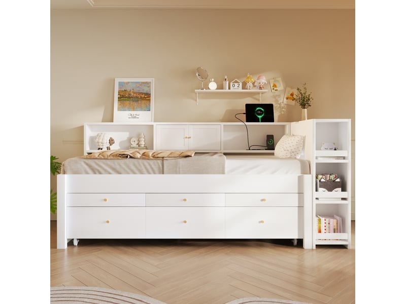  Lit gigogne avec 3 tiroirs, rangements latéraux, étagères et port usb, couchage d'appoint en mdf et bois de pin blanc  - Conforama E