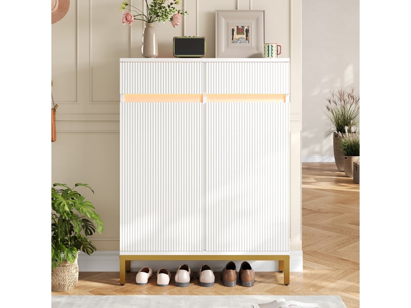  Meuble à chaussures à portes et 2 tiroirs, blanc, 80 x 35 x 103 cm  - Conforama B