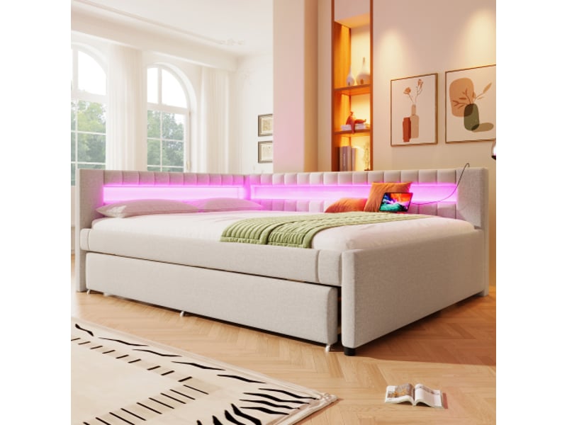  Lit canapé 140x200 cm – 2 en 1 gigogne sans matelas – barre led au pied – télécommande usb-c – lin beige  - Conforama B