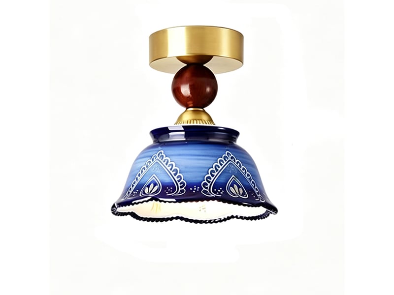  Plafonnier en céramique bleu indigo et vert, style bohème rétro, motif floral, 3 couleurs de lumière  - Conforama A