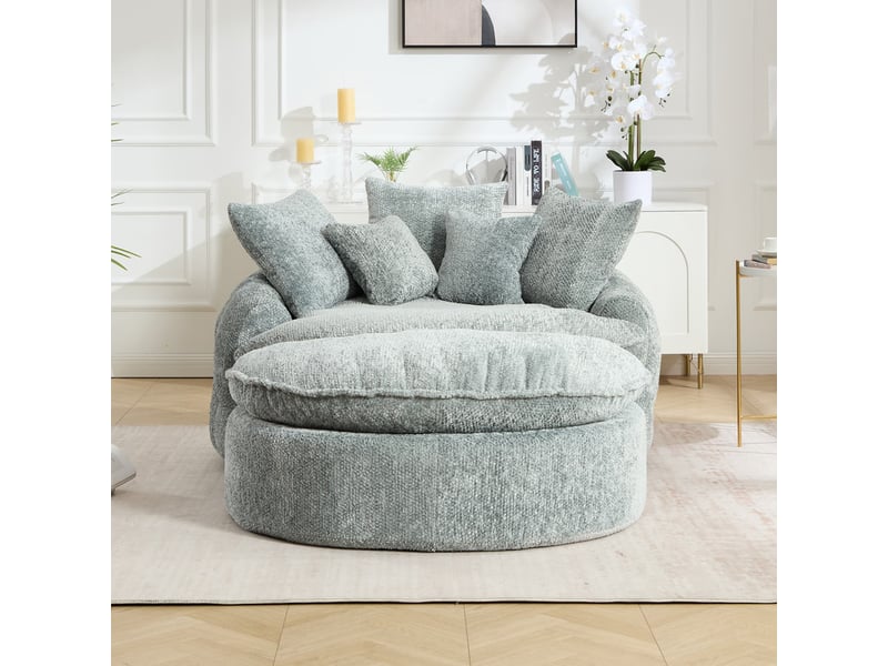  Canapé droit à assise ronde en mousse polyester, assise ajustable, coussin inclus, 190.5×138×63 cm, bleu gris  - Conforama R