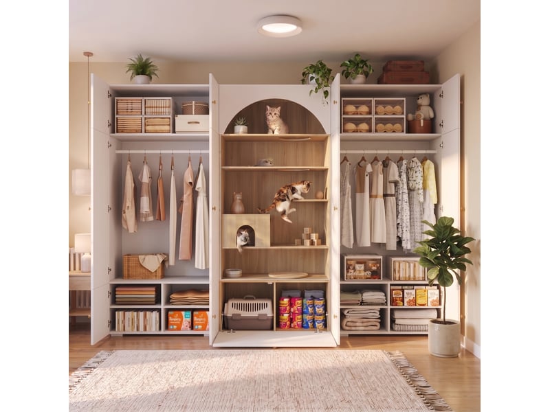  Ensemble dressing modenvie 270 x 50 x 200 cm avec penderie rangement et espace pour félins blanc effet bois  - Conforama D