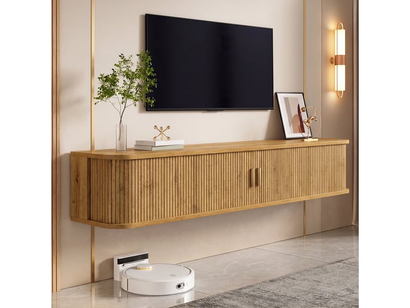  Meuble tv suspendu 175 cm avec led contrôlable par application, portes coulissantes nervurées et bords arrondis, couleur naturelle  - Conforama R