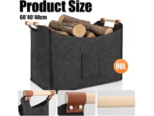 Grand panier à bois pliable , gris foncé – poignées en bois renforcées, pour cheminée et transport de bûches-60 x 40 x 40 cm