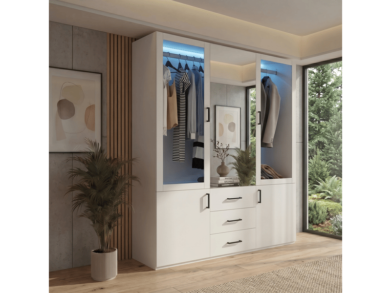  Armoire dressing avec miroir 130x52x182 cm, 2 portes en verre transparent et éclairage led intégré, 2 tringles pour vêtements, 3 tiroirs centraux sur rails, 2 portes inférieures, meuble de rangement pour chambre à coucher, garde…  - Conforama B