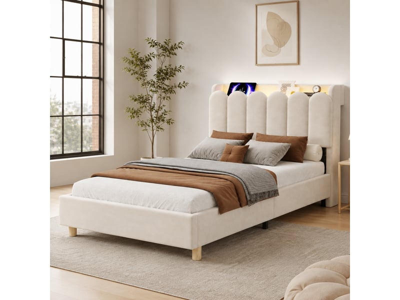  Lit enfant 90x200 cm en velours beige avec sommier, usb, type-c et lampe de lecture  - Conforama B